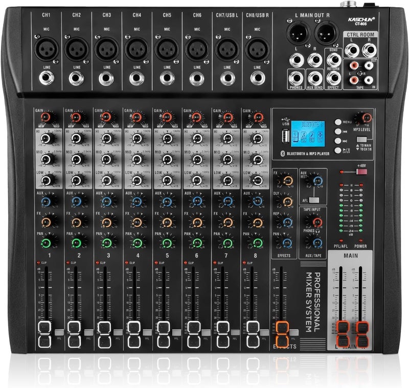 Kaschun Professional Audio Mixer Sound Board - 8 Channel - DJ Mixer,Equipped with 48v Phantom Power - Bluetooth - Mp3 Player, Studio Audio Mixer Suitable for DJ Studio Streaming Recording - Image 1